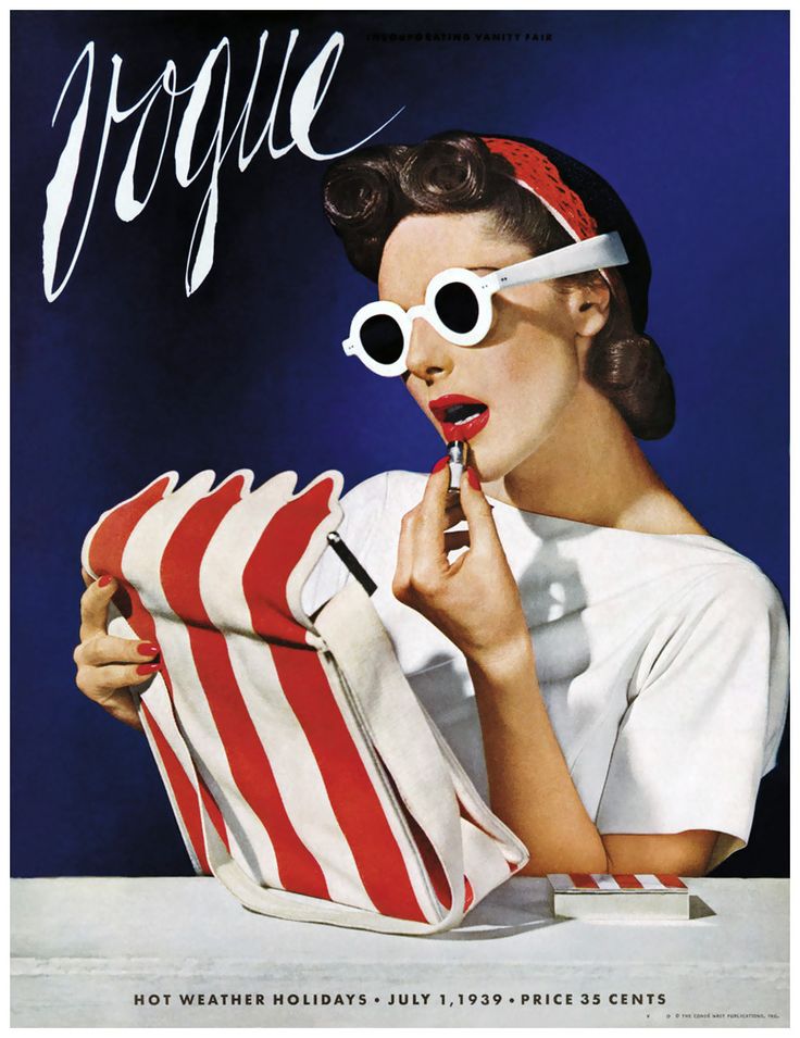 Model, Muriel Maxwell, in white sunglasses, holding striped bag while applying makeup